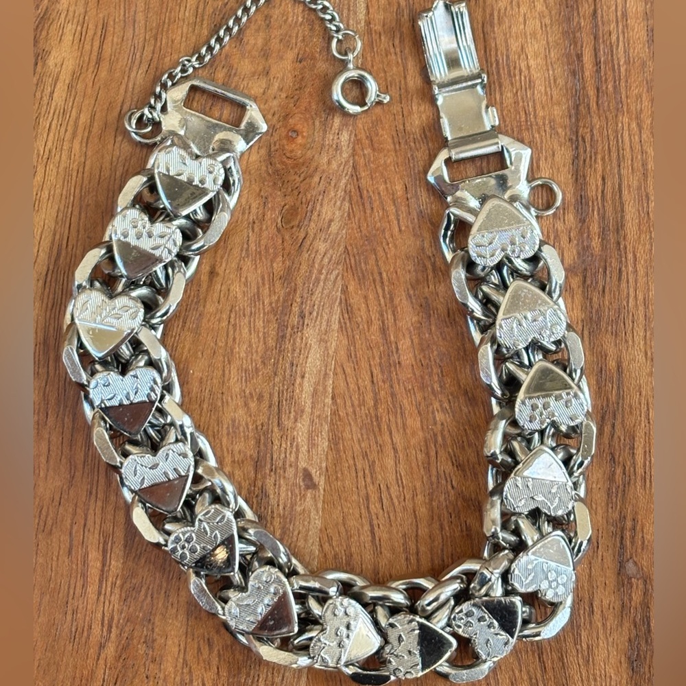 Vintage Chunky Silver Tone Sweetheart Bracelet | Heart Link Charm Bracelet Gift